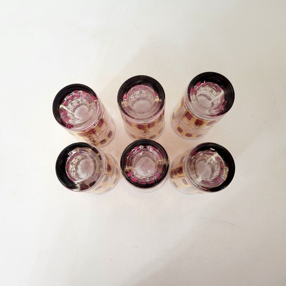Culver MCM Azure Gold and Cranberry Collins Glasses Set of Six Plus Extra - Picture 3 of 10
